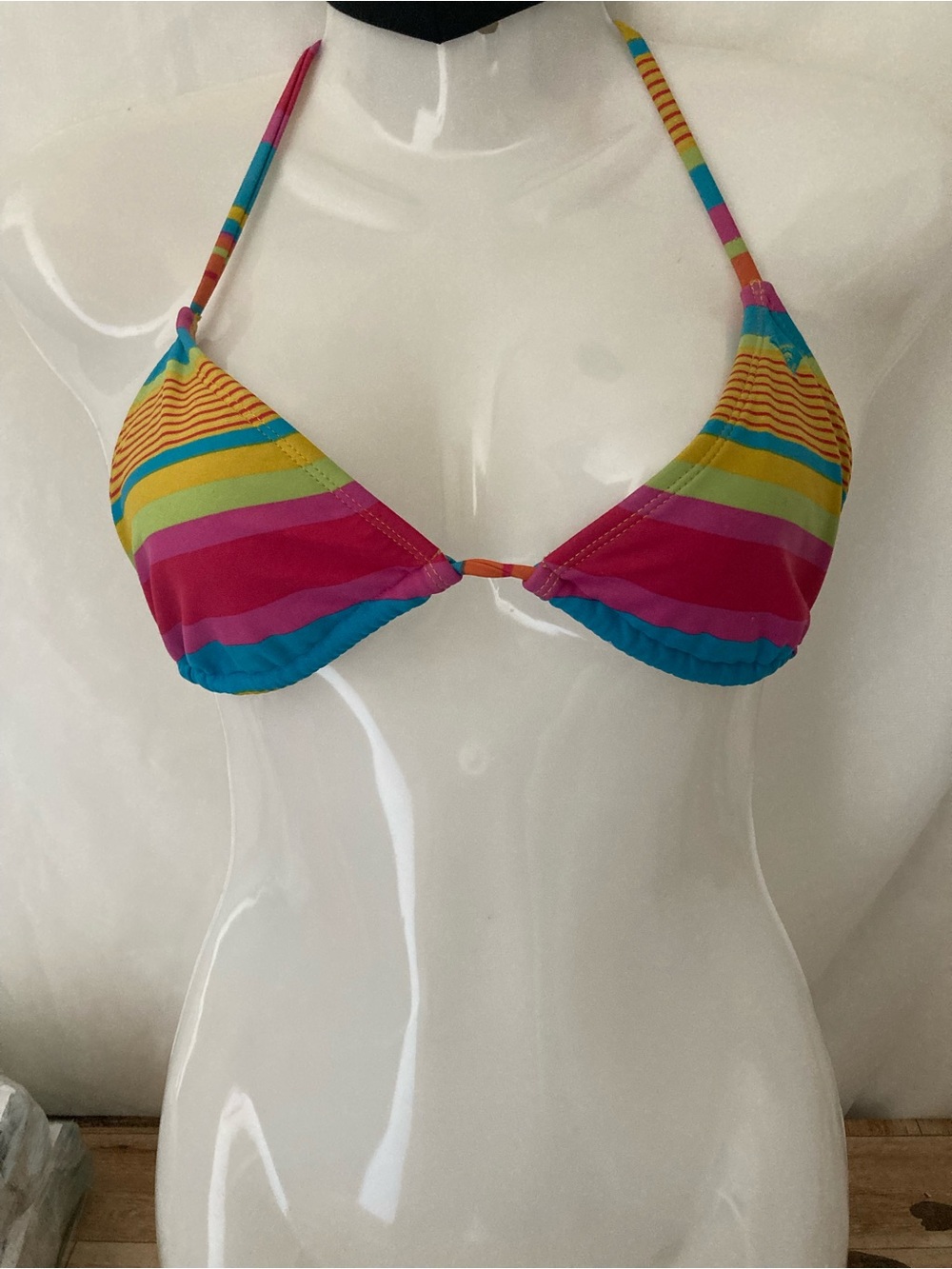 Rainbow Striped Triangle Bikini Top Halter Tie Swimwear Size S